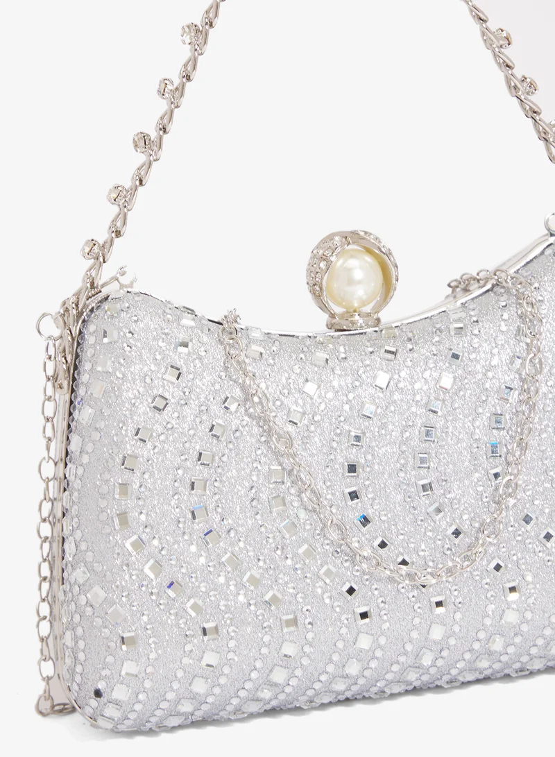 Khizana Silver Silver Rhinestone Embellished Detailed Chain Bag for Women | Best Price UAE